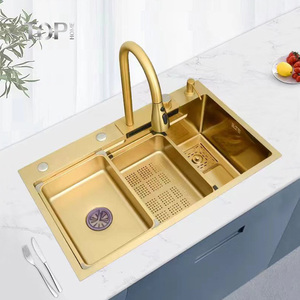 TOPHOME Offerte Imperdibili Lavello da Cucina Sottopiano a Vasca Singola in Acciaio Inossidabile con Bocca Larga, Finitura Oro, Design Cascata, Realizzato a Mano, Premium - Product Image 1
