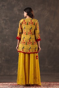Mustard Floral Printed <b>Kurti</b> Palazzo Set Embroidered V Neck Ethnic Festive Casual Traditional Outfit <b>Women</b> - Product Image 2