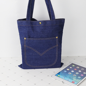Custom <b>Navy</b> Blue Denim Reusable Shoulder <b>Tote</b> <b>Bag</b> Casual Jean Shopping Medium Size Supermarket Daily Use - Product Image 4