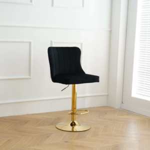 Taburete de Bar Moderno de Terciopelo con Respaldo Acolchado de Canales Verticales, Base de Metal Dorado, Silla Giratoria Ajustable para Hogar y Restaurante - Product Image 4