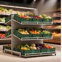 Robuuste metalen en plastic, milieuvriendelijke displaykist met schuine voorkant, stapelbaar, voor de verkoop van levensmiddelen, groenten en fruit.
