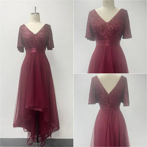 Vestido de dama de honor de moda con cuello en V A-line gasa esponjosa Irregular manga corta vestidos de noche elegantes vestidos de graduación de lentejuelas - Product Image 5