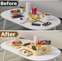 Nouveau Plateau Porte-Gobelets en Bois de Pin pour Canapé, Plateau de Service Amovible et Tiroir, Organisateur de Snacks Multi-Compartiments pour Canapé avec Support Téléphone
