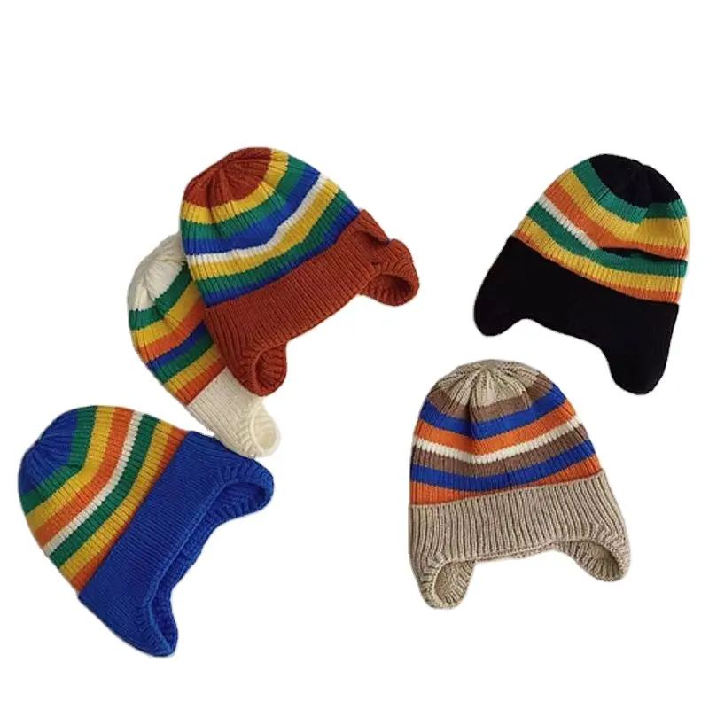 Gir Custom Logo 2023 Baby Ear Protection Hat Cute Warm Beanies Rainbow Stripes Boy for Babies 0-6years Old Child Unisex Image