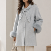 Veste en mélange de laine double face pour femmes élégantes, vêtement d'extérieur d'hiver écologique avec poignets en fourrure de renard et bouton nœud papillon