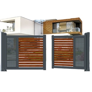 Puerta de Entrada Automática de Aluminio de Doble Hoja con Paneles Laterales Simétricos y Relleno Central de Listones con Diseño de Veta de Madera, Recubrimiento en Polvo Personalizado - Product Image 1