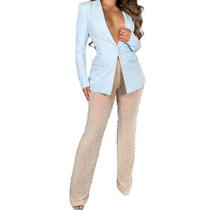 High Quality Sexy Solid Color Coat See Through Pants 2 Piece <b>Set</b> Women Fashion - Product Image 2