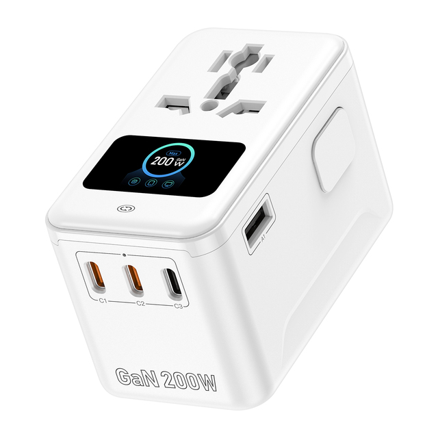 200W GaN Universal Travel Adapter Fast Charging Universal Digital Display LED Travel Adaptor with USB and Type C