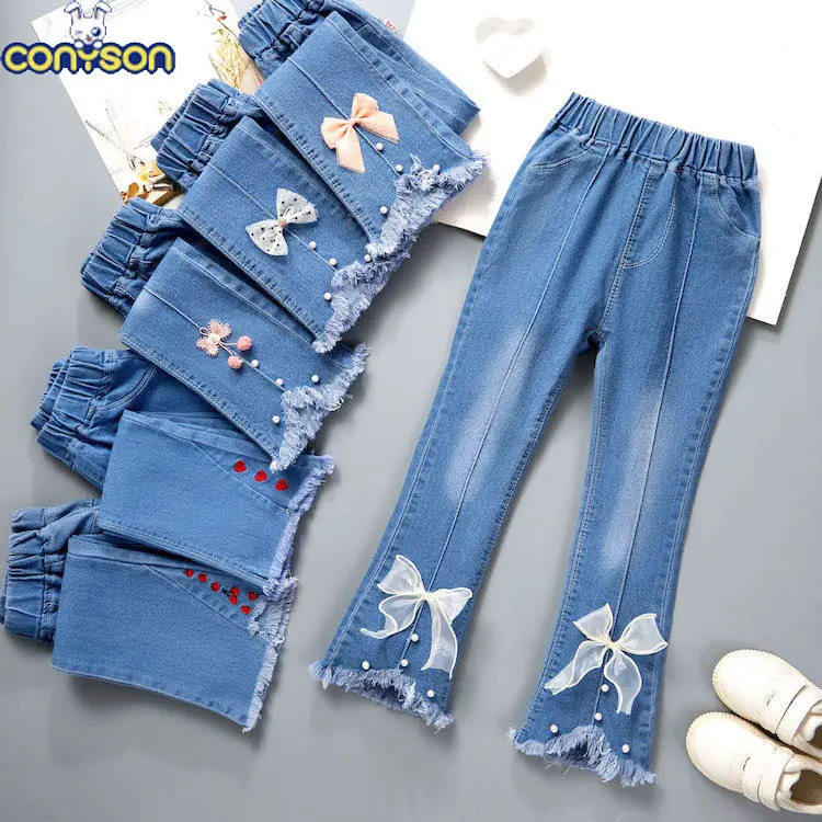 Conyson Hot sale primavera outono moda boutique design denim Calças Crianças algodão wide-leg Calças Crianças arco Jeans Para Meninas