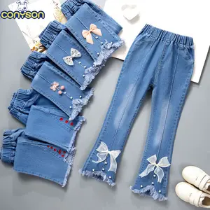 Conyson gran oferta primavera moda Otoño boutique diseño pantalones de mezclilla niños algodón pantalones de pierna ancha niños arco Jeans para niñas