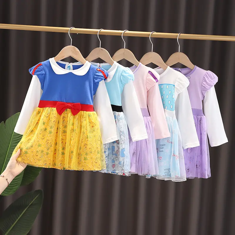 Çocuk giysileri bahar elbise yeni stil Net iplik karikatür kız elbise Toddler baskılı prenses etek cadılar bayramı çiçek kız elbiseleri