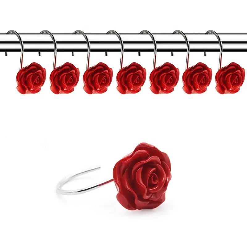 12 PCS Home Fashion Decorative Anti Rust Shower Curtain Hooks Rose Design Shower Curtain Rings Hooks