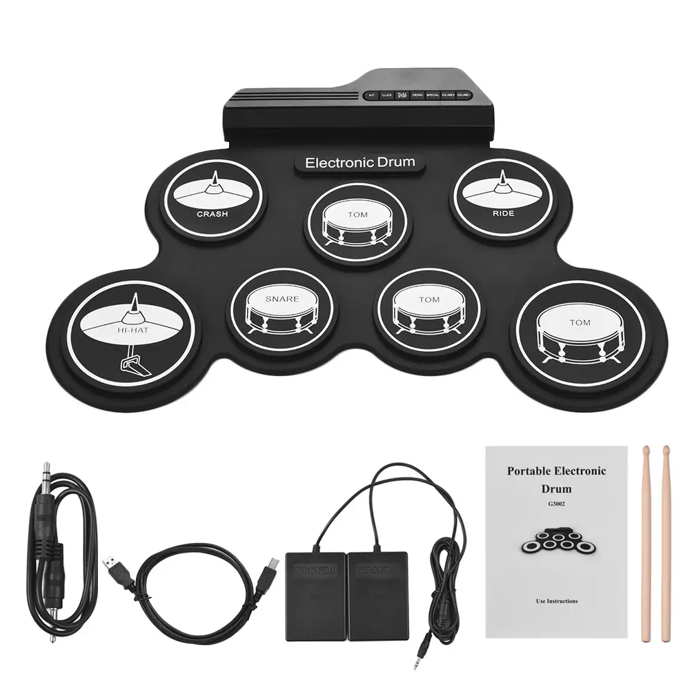 Tambours électroniques numériques pliables USB de taille compacte, kit de tambour en silicone avec 7 Pad / 9 tampons avec pédales