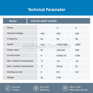 D2E133-AM47-01/A03 230VAC 190/164W 0.84/0.72A 1500/1900RPM 710m3/h AC Motor Galvanized Sheet Steel Blades <b>Centrifugal</b> OEM - Product Image 3