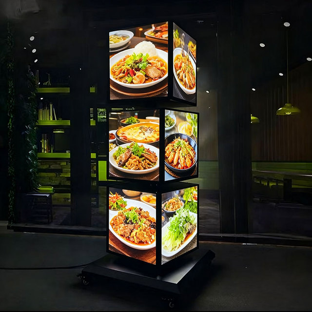 Custom Standing Menu Board Display Cube Acrylic Vertical Square Four Side Rotating Light Box