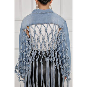 Bleu <span class=keywords><strong>en</strong></span> détresse déchiré culture Denim <span class=keywords><strong>veste</strong></span> mode femmes <span class=keywords><strong>jean</strong></span> <span class=keywords><strong>veste</strong></span> manteaux avant court <span class=keywords><strong>dos</strong></span> longs manteaux Sexy femmes Denim vestes - Product Image 6
