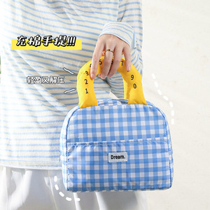 Dream Insulated Lunch Bag Blue Checkered Pattern Thickened Handheld Bento Bag For Office Students Daily Use - Product Image 2