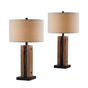 Modern Wooden <b>Bedside</b> <b>Table</b> Fabric Drum Shade <b>LED</b> Eco-Friendly Eye Caring Light Ra80 3000K-6000K Color Temp Bedroom Living Room - Product Image 1