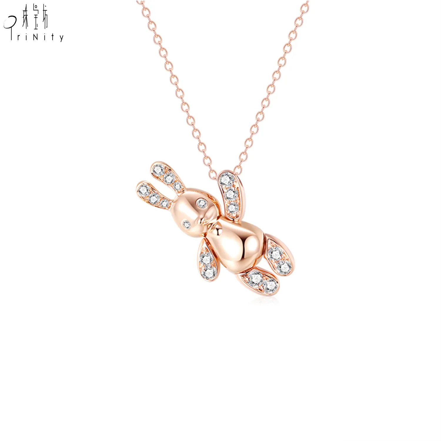 Lovely Girls Rabbit Pendant women Necklace 14K Soild Rose Gold Real Natural Diamond Pendant Necklace Chain For Women