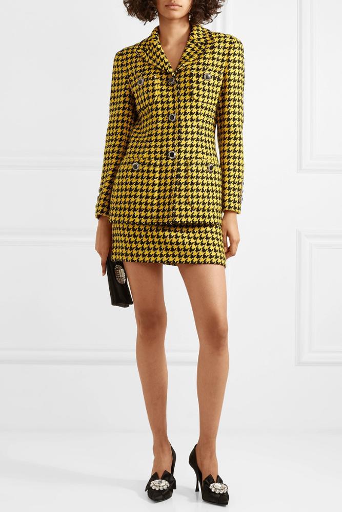 Hiver Automne Costumes Décontractés 2 Pièces Femmes Jaune Houndstooth Laine Tweed Manteau Mini Jupe Ensemble