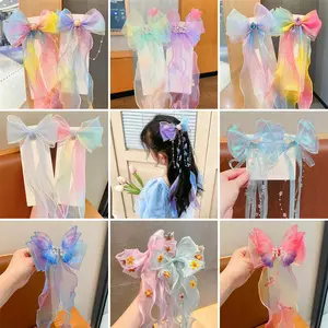 children kids big bow hair clip girl gradient colorful butterfly headdress princess ribbon braiding hair clips accessories