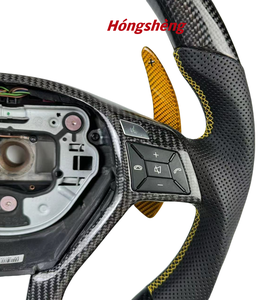 Volant en fibre de carbone personnalisé pour <span class=keywords><strong>Mercedes</strong></span> Benz modèles W204C63 W212 W218 W205 W222 W221 avec palettes de changement de vitesse jaunes - Product Image 4