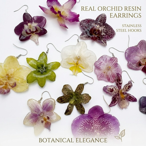 <span class=keywords><strong>Orecchini</strong></span> da Donna Ispirati al Lusso, Design Bohémien <span class=keywords><strong>in</strong></span> Acciaio Inossidabile Dorato con Fiori Veri Conservati Multicolore, Modello Orchidea - Product Image 1