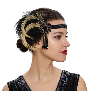 Accessoires de <span class=keywords><strong>cheveux</strong></span> rétro pour femmes des années 1920, style <span class=keywords><strong>Gatsby</strong></span>, plumes de paon noires, strass, accessoires de <span class=keywords><strong>cheveux</strong></span> pour fête de vacances - Product Image 1