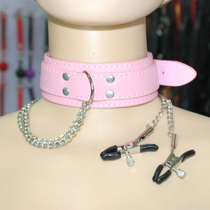 <span class=keywords><strong>Collier</strong></span> en cuir rose avec pince à tétons et chaîne à ressort pour usage BDSM adulte - Product Image 4