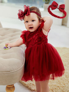 Abito da Battesimo Ricamato per Bambina 0-2 Anni, Vestito Rosso Vaporoso e Bellissimo per Feste di Compleanno - Product Image 3