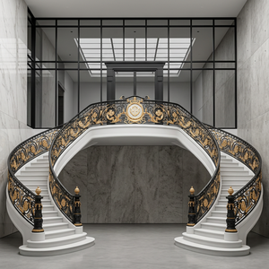 Rampe d'escalier en fer forgé moderne/néo-classique avec accents dorés ornés, pour appartement, usage intérieur, résistante à la rouille, protégée contre les UV, antivol - Product Image 1