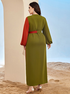 Vestido Abaya verde para mujer con cuello en V rojo naranja Costura informal elegante Moda europea de Oriente Medio para intelectuales - Product Image 3