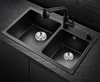Évier de cuisine double bac en pierre de quartz à deux trous avec robinet, bassin nano pour le lavage des légumes et de la vaisselle, pour usage domestique