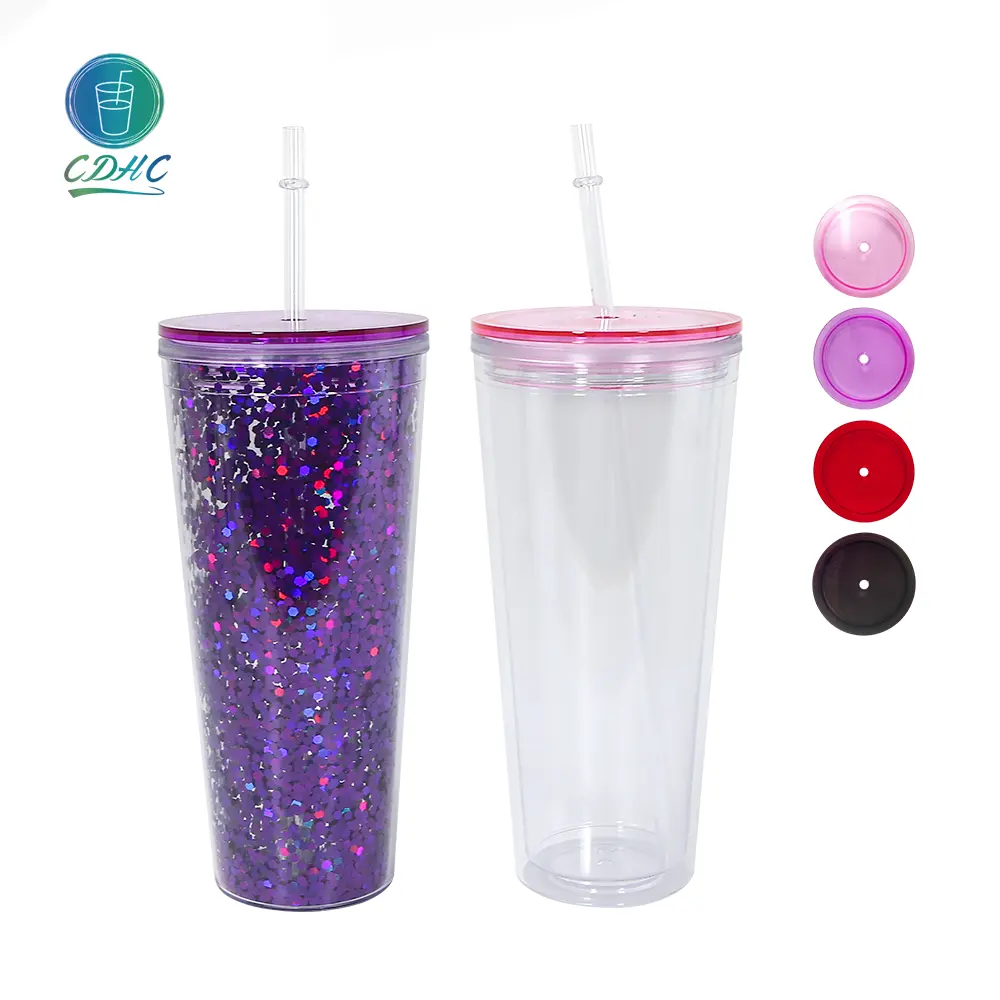 Оптовая продажа, прозрачные пластиковые бутылки для воды объемом 24 унции, акриловые чашки, зимний шар, мерцающий блеск, стакан с цветными чашками и соломинкой