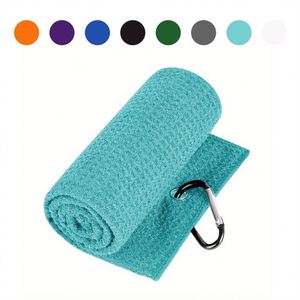 Ensemble de serviettes de golf bleues pliables en trois parties, en microfibre de polyester et coton très résistantes, motif gaufré, avec grand mousqueton et logo - Product Image 3
