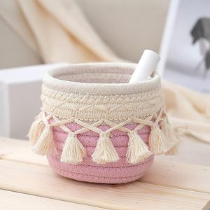 Mini Cesta de Almacenamiento Boho, Organizador de Escritorio Tejido con <span class=keywords><strong>Cuerda</strong></span> de Algodón <span class=keywords><strong>para</strong></span> Brochas de Maquillaje, Contenedor de Artículos Diversos con Borlas de Macramé <span class=keywords><strong>para</strong></span> Sala de Estar - Product Image 3