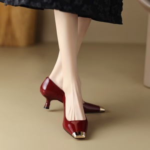 Genuine Leather Burgundy Solid Elegant Ladies High <strong>Heels</strong> 2024 Spring Autumn New <strong>Metal</strong> Square-toe Low Stiletto <strong>Heel</strong> Slip-On <strong>Shoes</strong> - Product Image 4