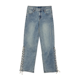 Unique Faded Light Blue Washed Loose Wide Leg Denim <b>Trousers</b> with Side Lace-up Design for <b>Y2K</b> Retro Streetwear Daily Casual - Product Image 3
