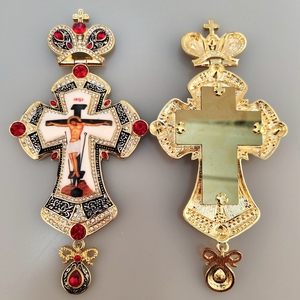 ZDGB-1 Ultima Croce Pettorale Ortodossa Russa in Lega Placcata Oro Greco e Nero con Icona di Gesù, Collana - Product Image 2