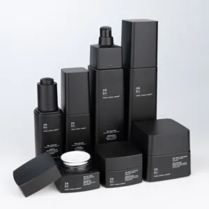 High Quality Matte Black Glass Bottle Wholesale Jar And Bottle Set For Cosmetics Luxury Empty Cosmetic Container Set Skincare