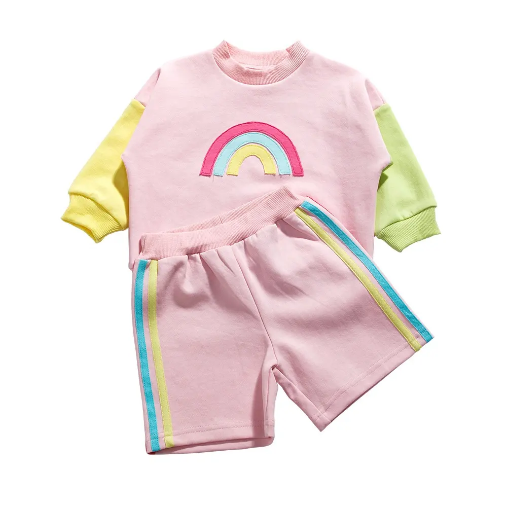 Conjunto infantil de moletom e shorts, camiseta de manga longa cor de arco-íris de manga longa para primavera e outono