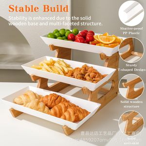 Estante de tres niveles de madera para servir frutas y postres, soporte de bambú con bandejas blancas para aperitivos de fiesta del té. - Product Image 3