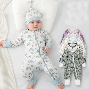 Pyjamas pour bébés en viscose de bambou avec impression personnalisée, pyjama pour bébés en viscose souple avec fermeture éclair repliable
