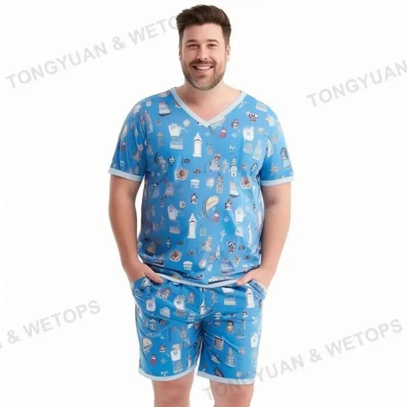 PJ-Conjunto de pijama de algodón orgánico para hombre, ropa de dormir con estampado personalizado, Top de manga corta y parte inferior, OEM, talla grande