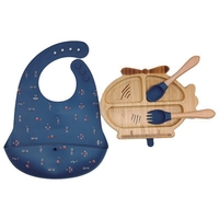 Ensemble complet d'alimentation complémentaire pour bébé : Bavoir en silicone + Assiette divisée en fibre de bambou + Fourchette-cuillère en forme d'hélicoptère anti-rayures