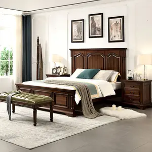 Factory Direct Sale American Style Solid Wood Bed With Nightstand Bedroom Set OEM Welcomed Genuine Leather Bedroom Set