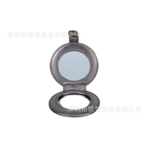 Customizable <b>round</b> PU leather makeup <b>mirrors</b>, metal and leather folding <b>mirrors</b>, portable <b>small</b> <b>mirrors</b>, promotional gifts. - Product Image 2