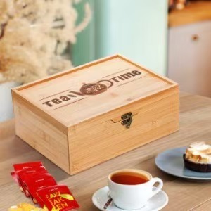 <b>Tea</b> Bag Storage <b>Box</b> Wooden Rectangular Compartmentalized Desktop Organizer With Flip Top Cover Natural Wood Color - Product Image 2