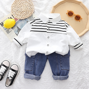 Frühling Herbst Baumwolle Kleinkinder Bekleidungsset Langarm Gestreiftes Hemd Jeanshose Zweiteiliges <span class=keywords><strong>Set</strong></span> Jungen Babykleidung - Product Image 3