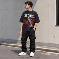 T-shirt Homme Col Rond Oversize Vintage Noir Délavé 100% Coton Lourd 240g Respirant avec Logo Personnalisé Vente en Gros